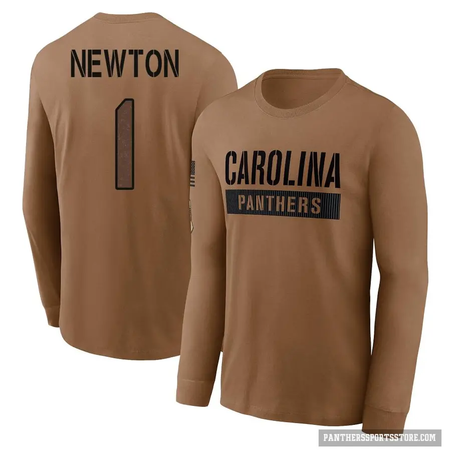 Men's ＃1 Cam Newton Carolina Panthers Brown 2023 Salute To Service Long Sleeve T-Shirt