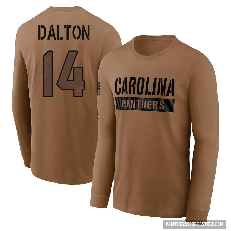 Men's ＃14 Andy Dalton Carolina Panthers Brown 2023 Salute To Service Long Sleeve T-Shirt