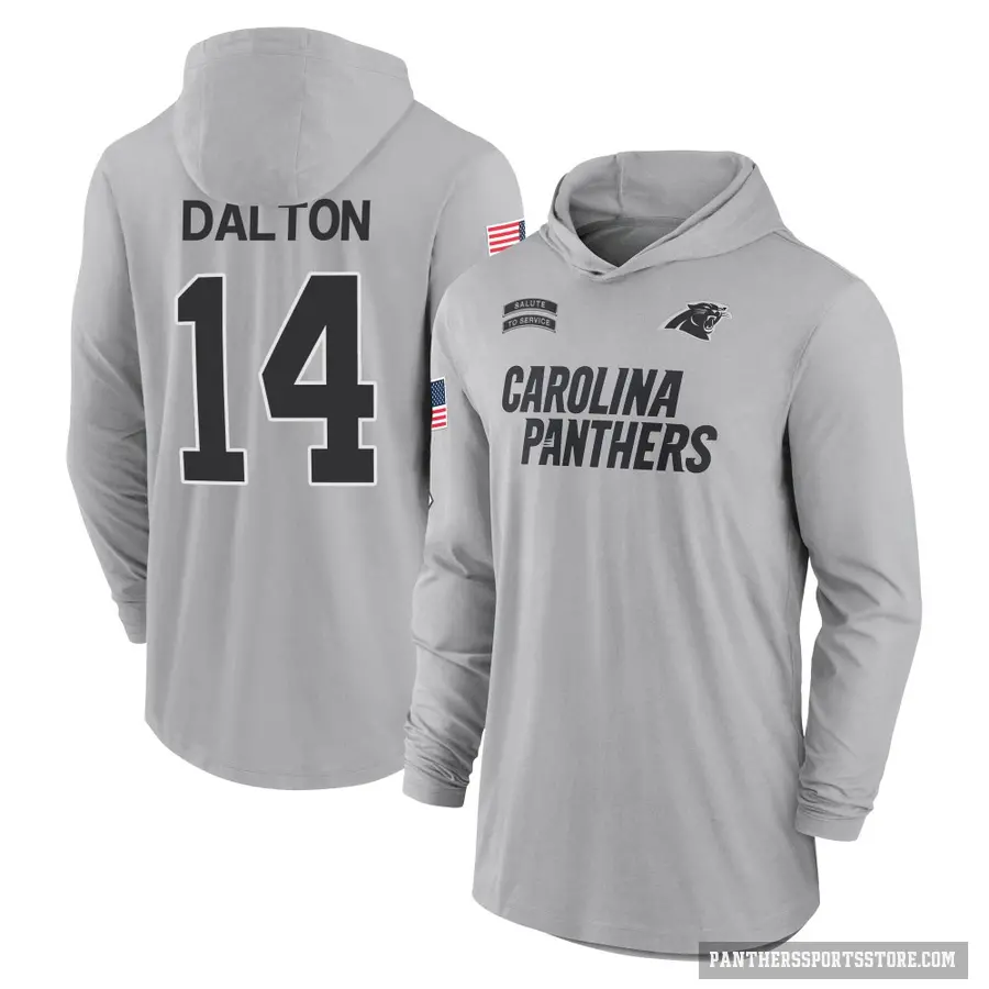 Men's ＃14 Andy Dalton Carolina Panthers Gray 2024 Salute to Service Lightweight Performance Long Sleeve Hooded T-Shirt