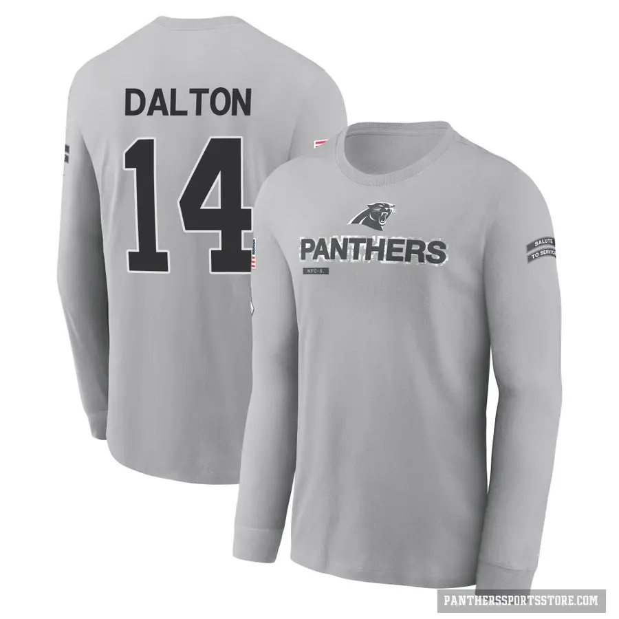 Men's ＃14 Andy Dalton Carolina Panthers Gray 2024 Salute to Service Long Sleeve T-Shirt