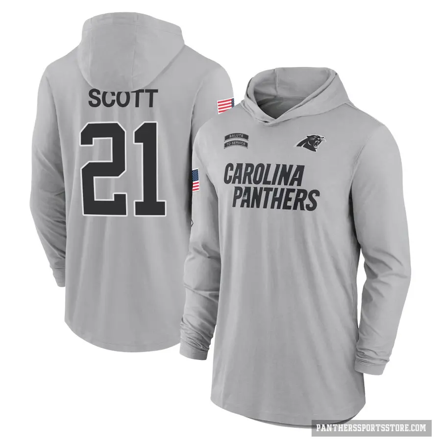 Men's ＃21 Nick Scott Carolina Panthers Gray 2024 Salute to Service Lightweight Performance Long Sleeve Hooded T-Shirt