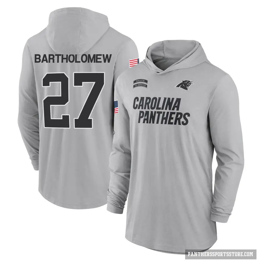 Men's ＃27 Shemar Bartholomew Carolina Panthers Gray 2024 Salute to Service Lightweight Performance Long Sleeve Hooded T-Shirt