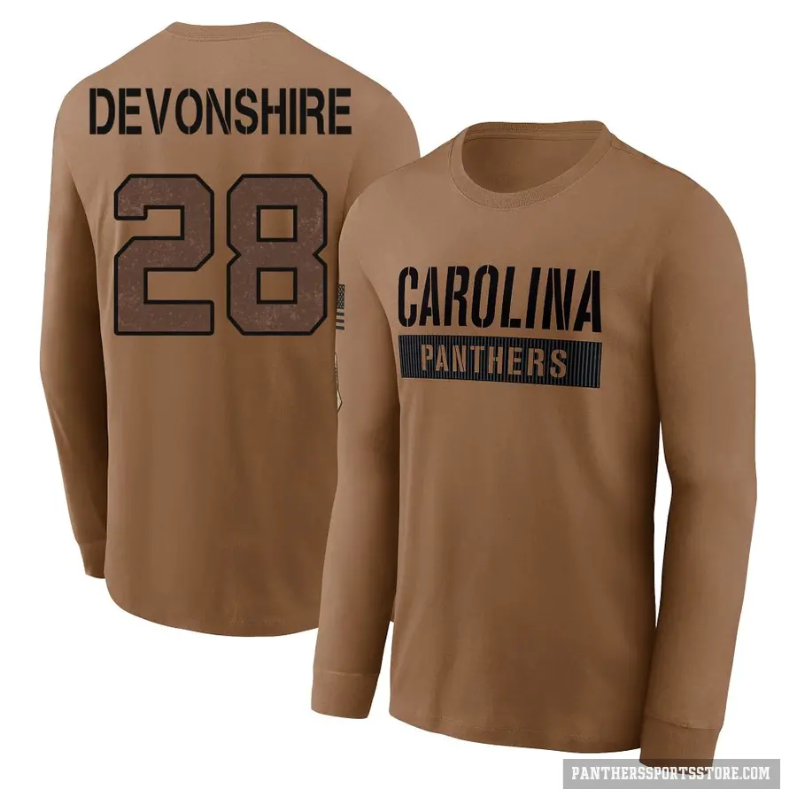 Men's ＃28 M.J. Devonshire Carolina Panthers Brown 2023 Salute To Service Long Sleeve T-Shirt