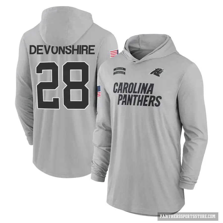 Men's ＃28 M.J. Devonshire Carolina Panthers Gray 2024 Salute to Service Lightweight Performance Long Sleeve Hooded T-Shirt