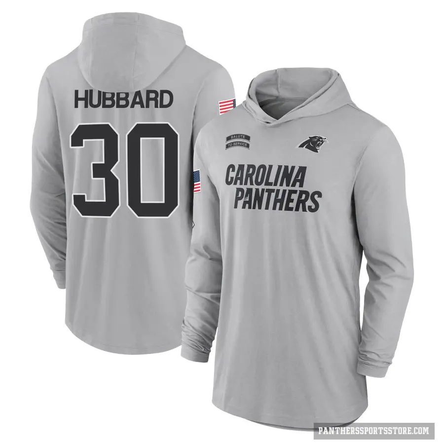 Men's ＃30 Chuba Hubbard Carolina Panthers Gray 2024 Salute to Service Lightweight Performance Long Sleeve Hooded T-Shirt