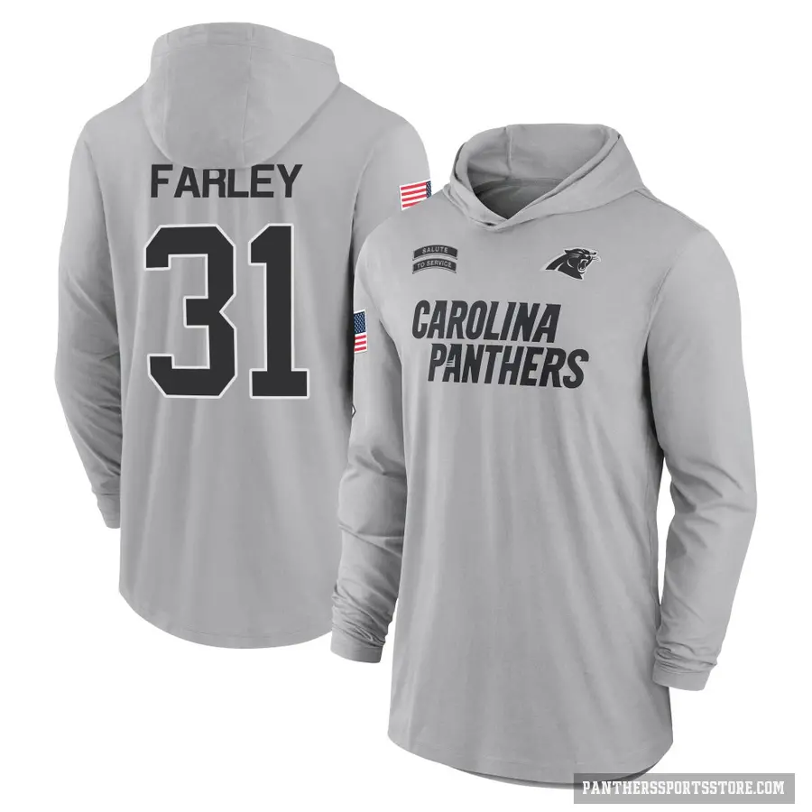 Men's ＃31 Caleb Farley Carolina Panthers Gray 2024 Salute to Service Lightweight Performance Long Sleeve Hooded T-Shirt