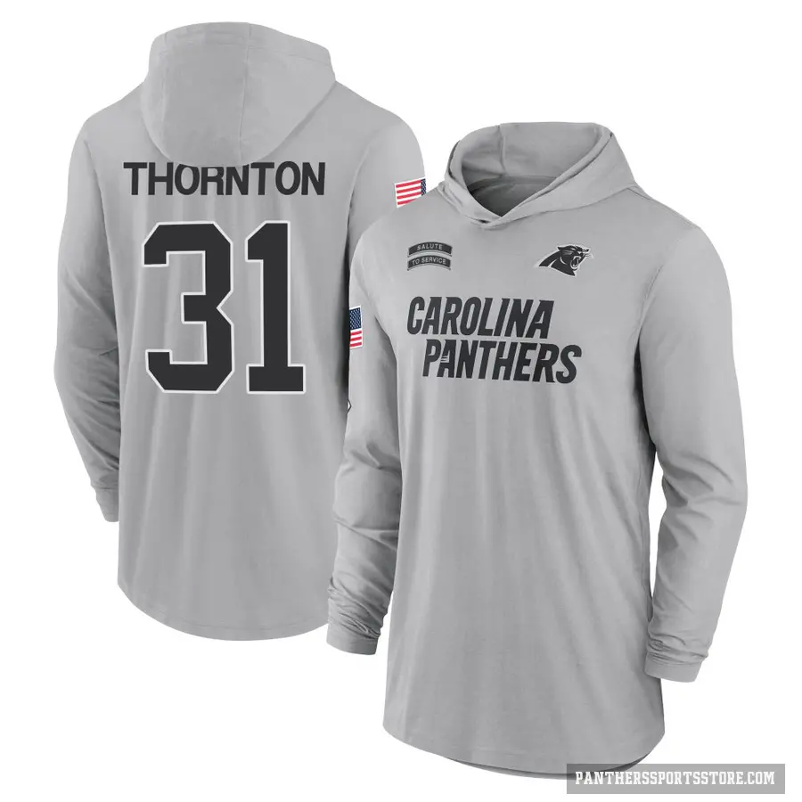Men's ＃31 Corey Thornton Carolina Panthers Gray 2024 Salute to Service Lightweight Performance Long Sleeve Hooded T-Shirt
