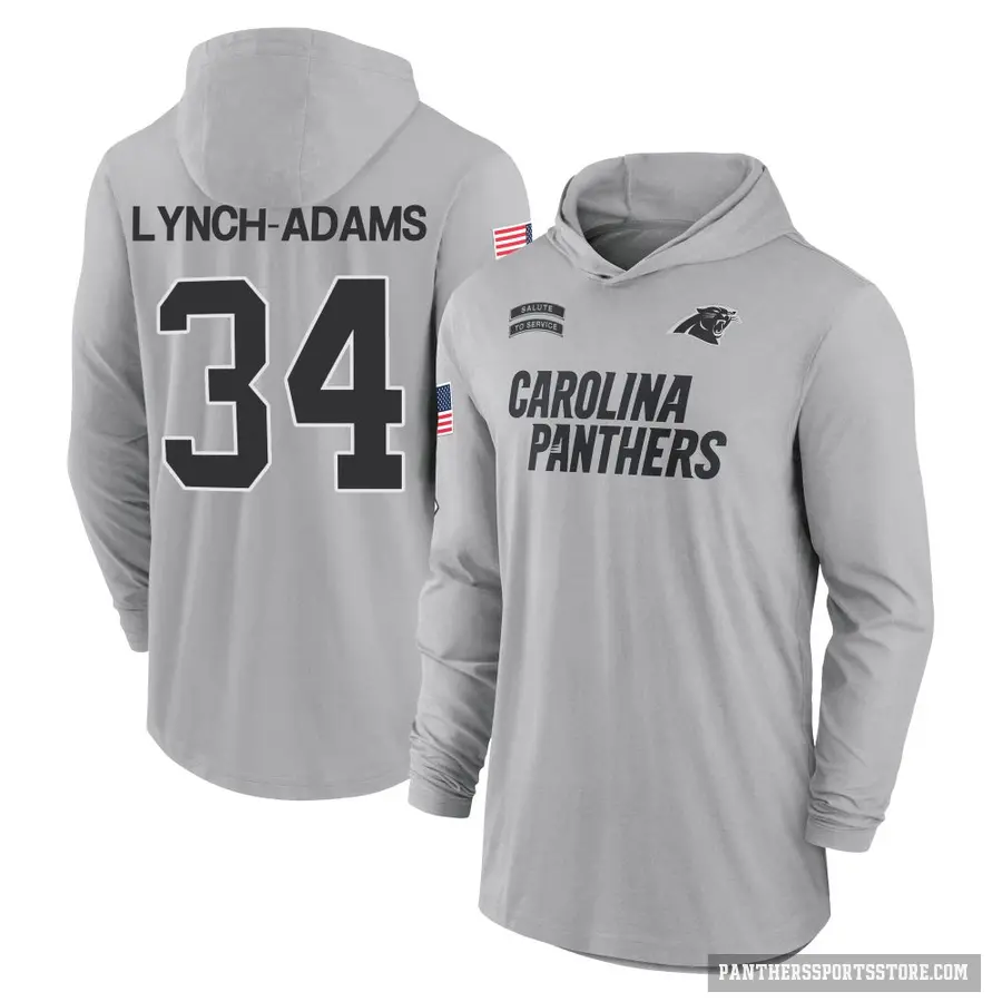 Men's ＃34 Kay'Ron Lynch-Adams Carolina Panthers Gray 2024 Salute to Service Lightweight Performance Long Sleeve Hooded T-Shirt