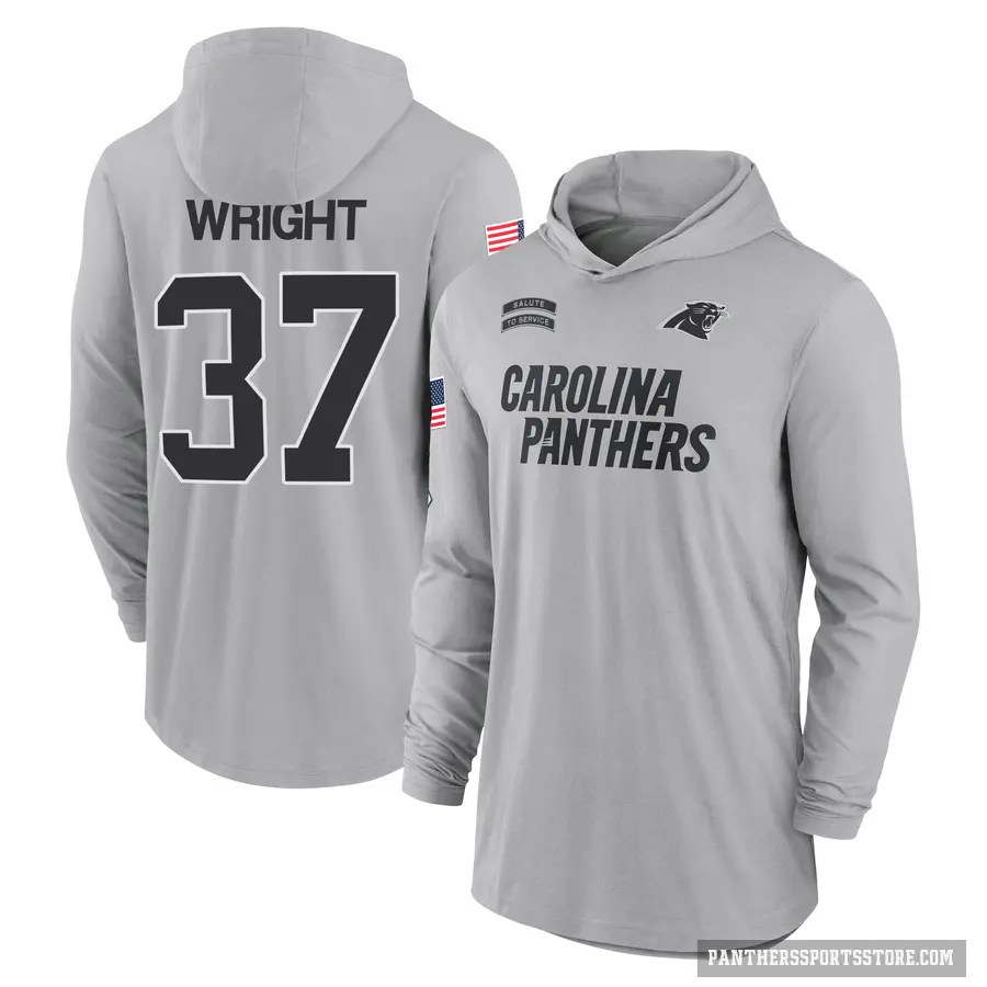 Men's ＃37 Matthew Wright Carolina Panthers Gray 2024 Salute to Service Lightweight Performance Long Sleeve Hooded T-Shirt