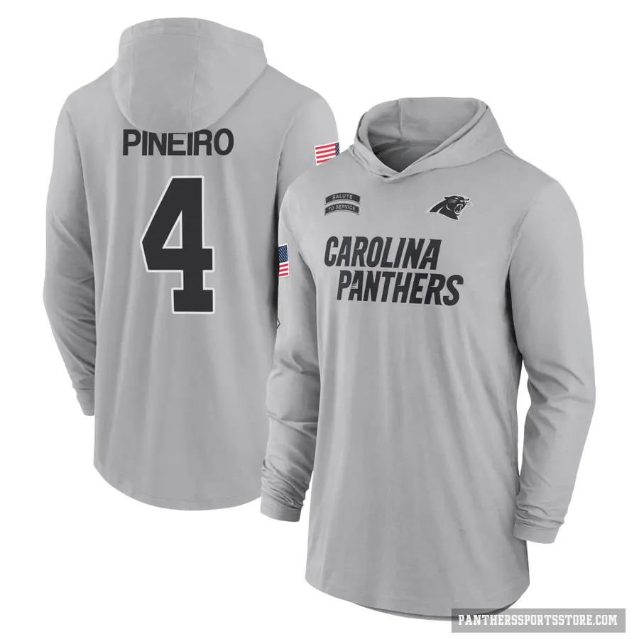 Men's ＃4 Eddy Pineiro Carolina Panthers Gray 2024 Salute to Service Lightweight Performance Long Sleeve Hooded T-Shirt