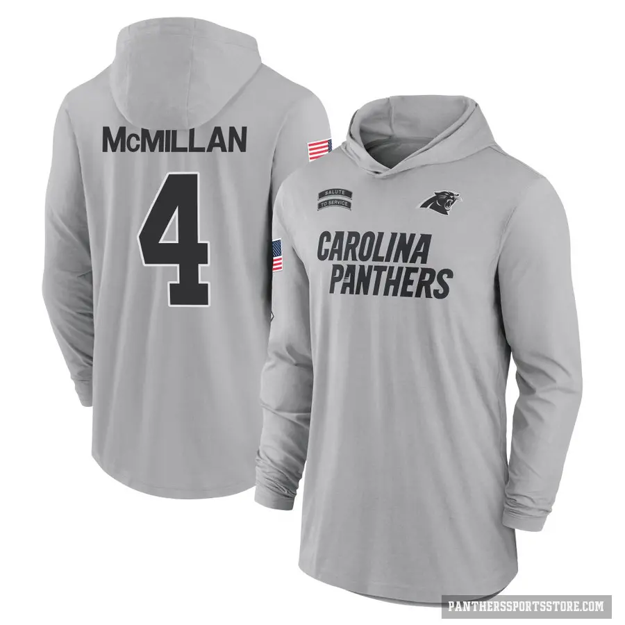 Men's ＃4 Tetairoa McMillan Carolina Panthers Gray 2024 Salute to Service Lightweight Performance Long Sleeve Hooded T-Shirt