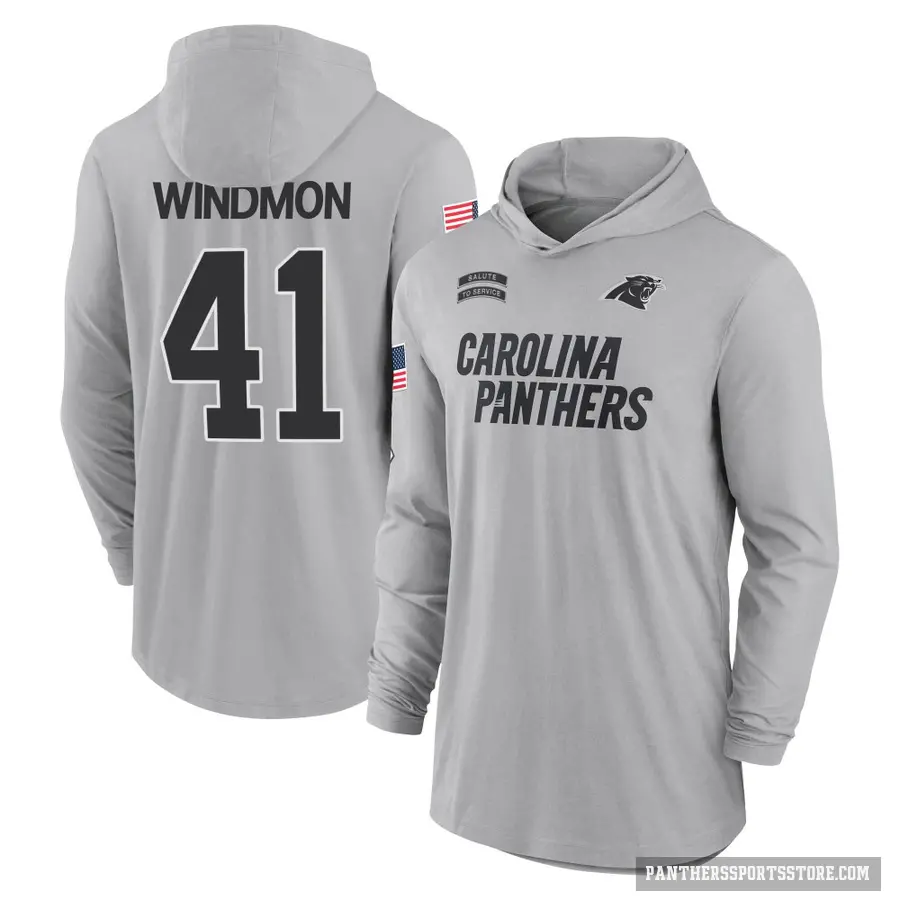 Men's ＃41 Jacoby Windmon Carolina Panthers Gray 2024 Salute to Service Lightweight Performance Long Sleeve Hooded T-Shirt