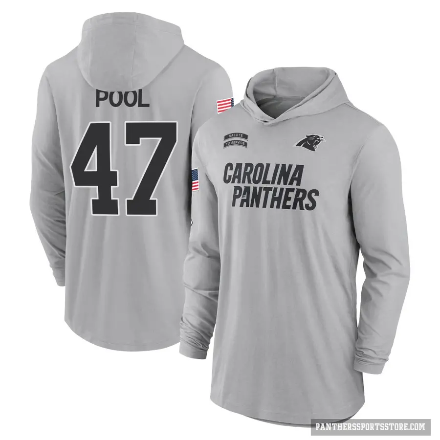 Men's ＃47 Bumper Pool Carolina Panthers Gray 2024 Salute to Service Lightweight Performance Long Sleeve Hooded T-Shirt