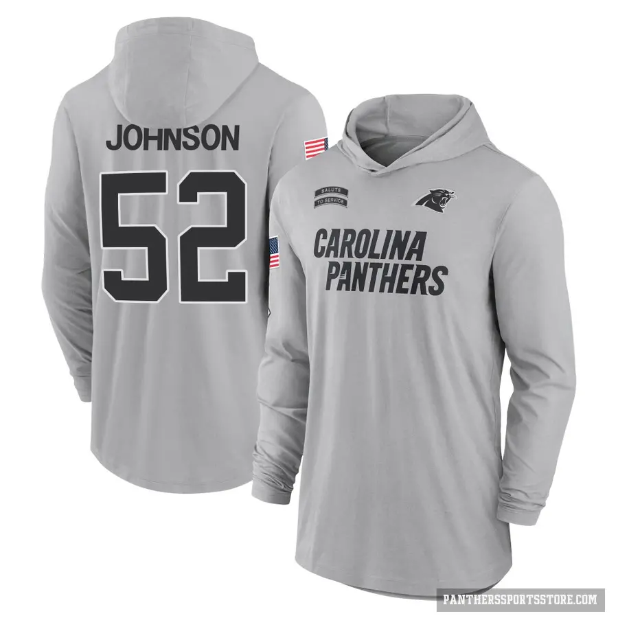 Men's ＃52 DJ Johnson Carolina Panthers Gray 2024 Salute to Service Lightweight Performance Long Sleeve Hooded T-Shirt