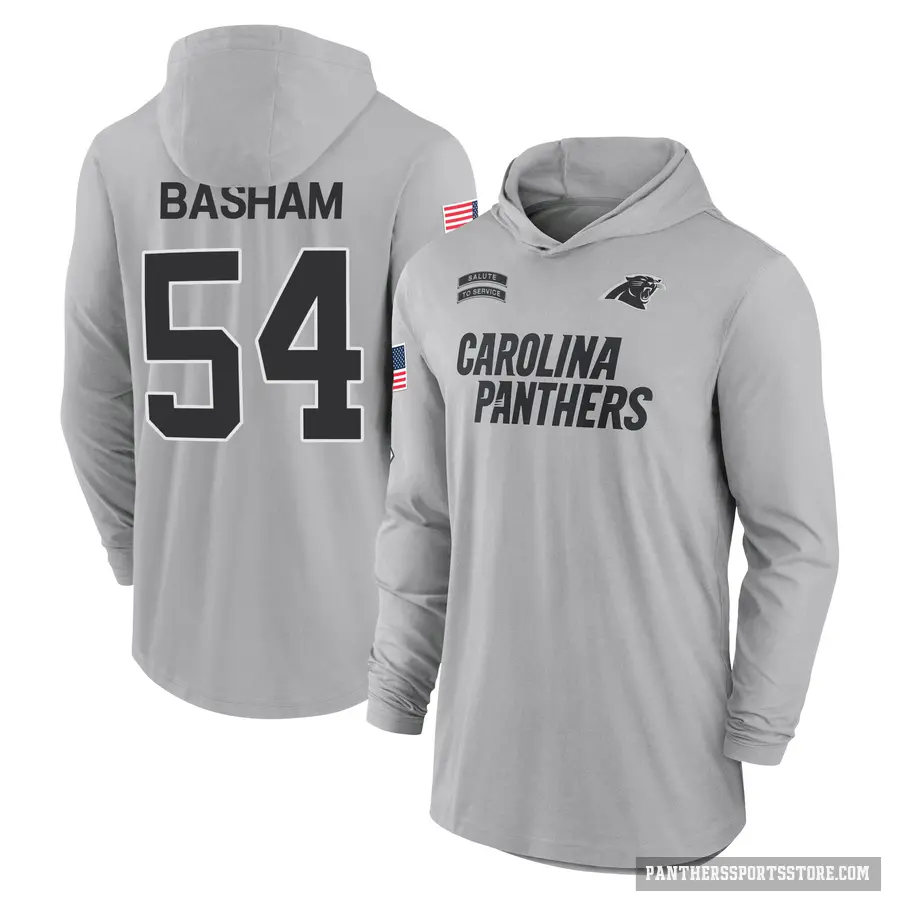 Men's ＃54 Boogie Basham Carolina Panthers Gray 2024 Salute to Service Lightweight Performance Long Sleeve Hooded T-Shirt