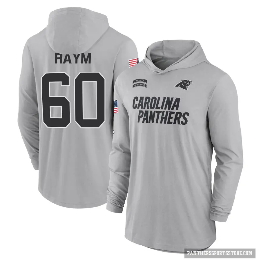 Men's ＃60 Andrew Raym Carolina Panthers Gray 2024 Salute to Service Lightweight Performance Long Sleeve Hooded T-Shirt