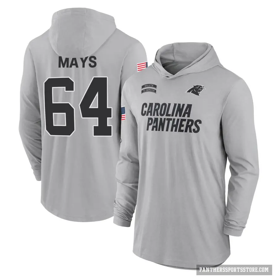 Men's ＃64 Cade Mays Carolina Panthers Gray 2024 Salute to Service Lightweight Performance Long Sleeve Hooded T-Shirt