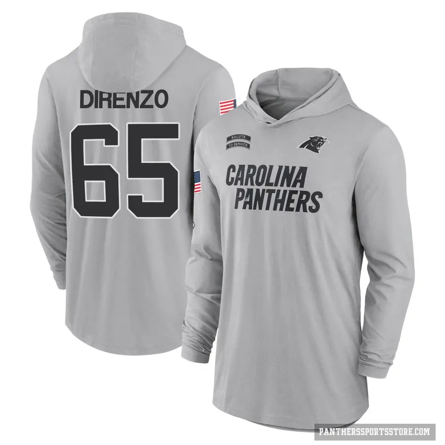 Men's ＃65 J.D. DiRenzo Carolina Panthers Gray 2024 Salute to Service Lightweight Performance Long Sleeve Hooded T-Shirt