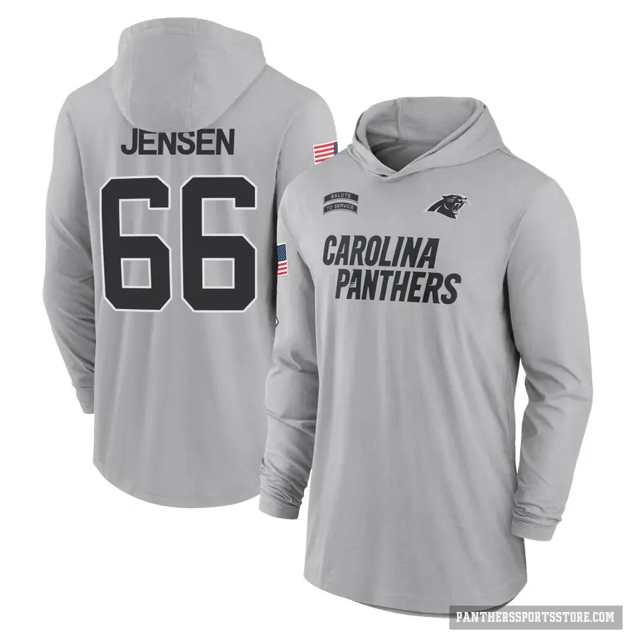 Men's ＃66 Nash Jensen Carolina Panthers Gray 2024 Salute to Service Lightweight Performance Long Sleeve Hooded T-Shirt