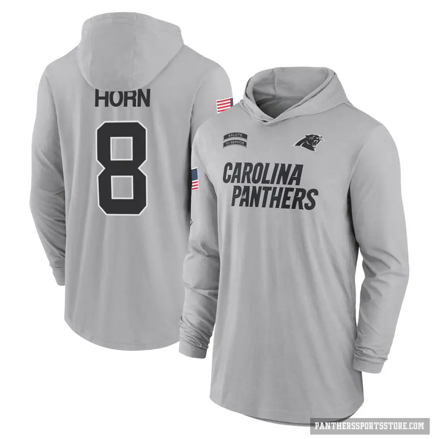 Men's ＃8 Jaycee Horn Carolina Panthers Gray 2024 Salute to Service Lightweight Performance Long Sleeve Hooded T-Shirt