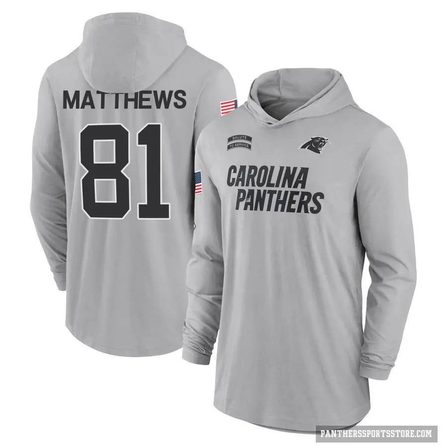 Men's ＃81 Jordan Matthews Carolina Panthers Gray 2024 Salute to Service Lightweight Performance Long Sleeve Hooded T-Shirt