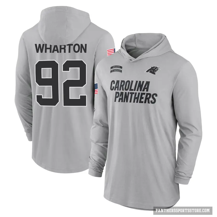 Men's ＃92 Tershawn Wharton Carolina Panthers Gray 2024 Salute to Service Lightweight Performance Long Sleeve Hooded T-Shirt