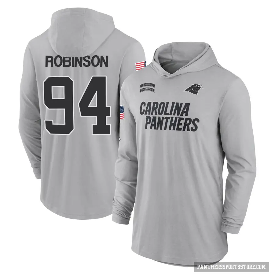 Men's ＃94 A'Shawn Robinson Carolina Panthers Gray 2024 Salute to Service Lightweight Performance Long Sleeve Hooded T-Shirt