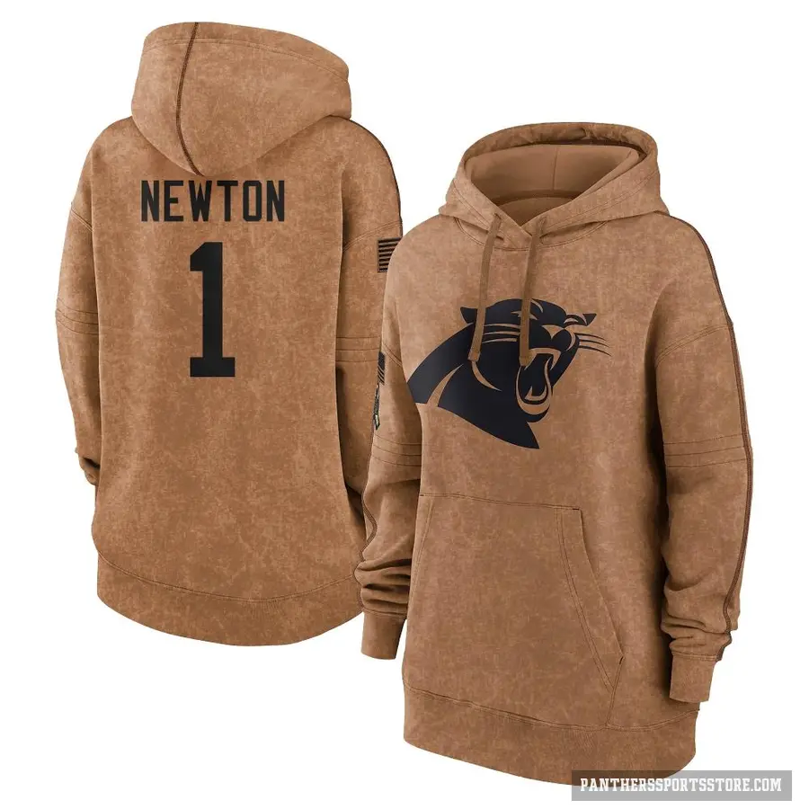Women's ＃1 Cam Newton Carolina Panthers Brown 2023 Salute To Service Pullover Hoodie
