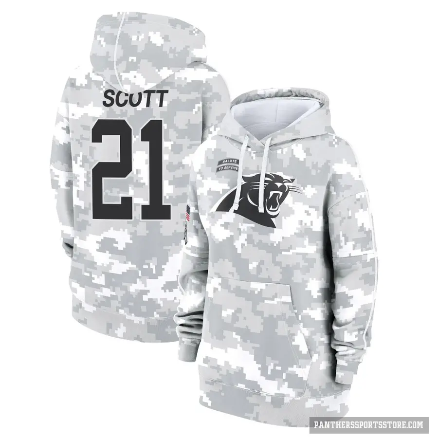 Women's ＃21 Nick Scott Carolina Panthers Arctic Camo 2024 Salute to Service Club Fleece Pullover Hoodie