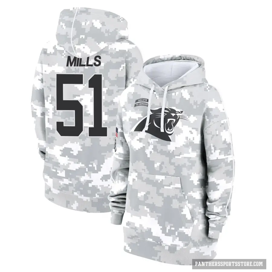 Women's ＃51 Sam Mills Carolina Panthers Arctic Camo 2024 Salute to Service Club Fleece Pullover Hoodie