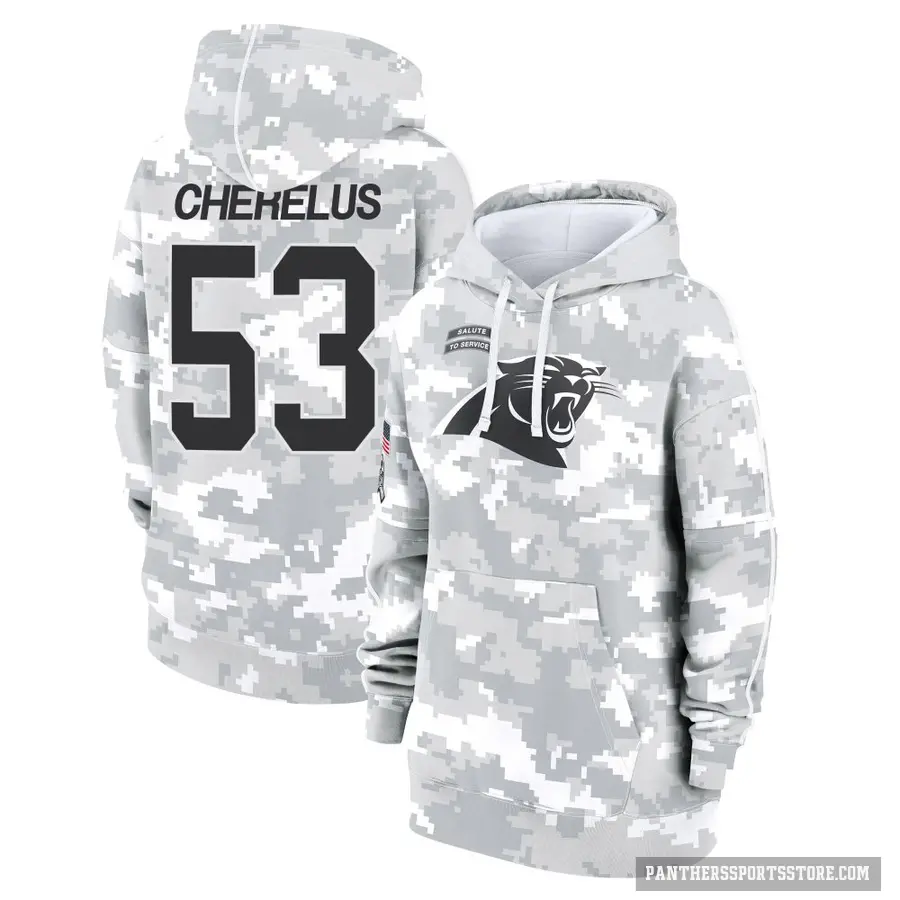 Women's ＃53 Claudin Cherelus Carolina Panthers Arctic Camo 2024 Salute to Service Club Fleece Pullover Hoodie