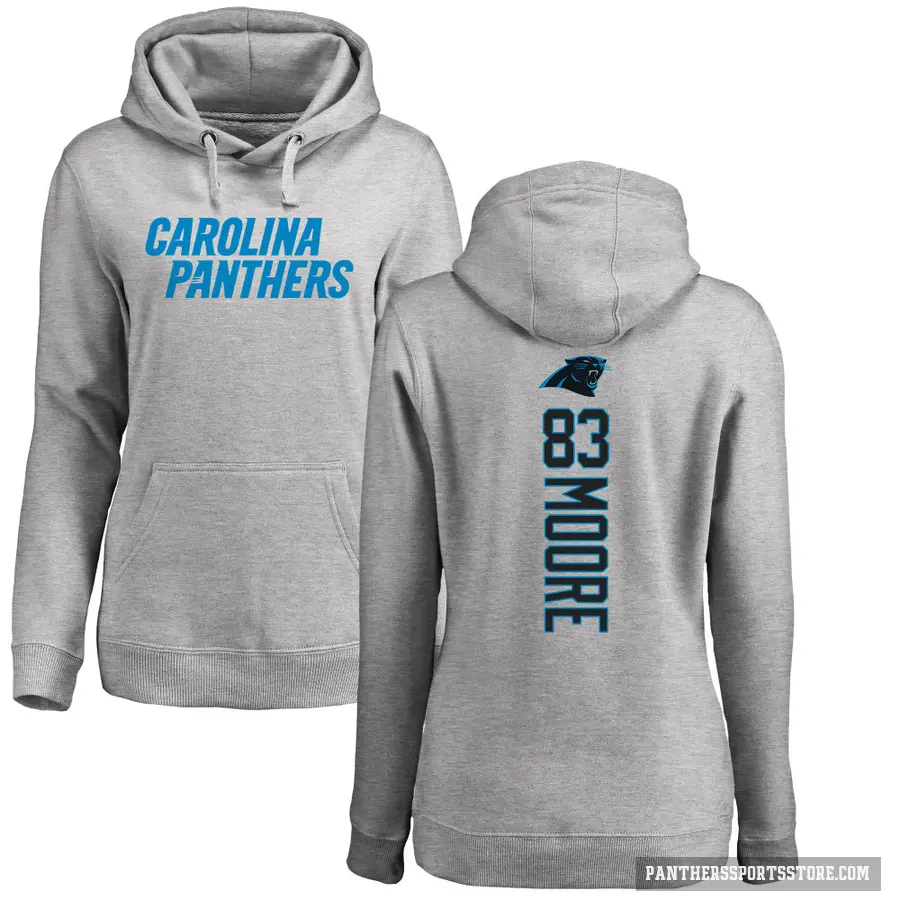 Women's ＃83 David Moore Carolina Panthers Pro Line Ash Backer Pullover Hoodie