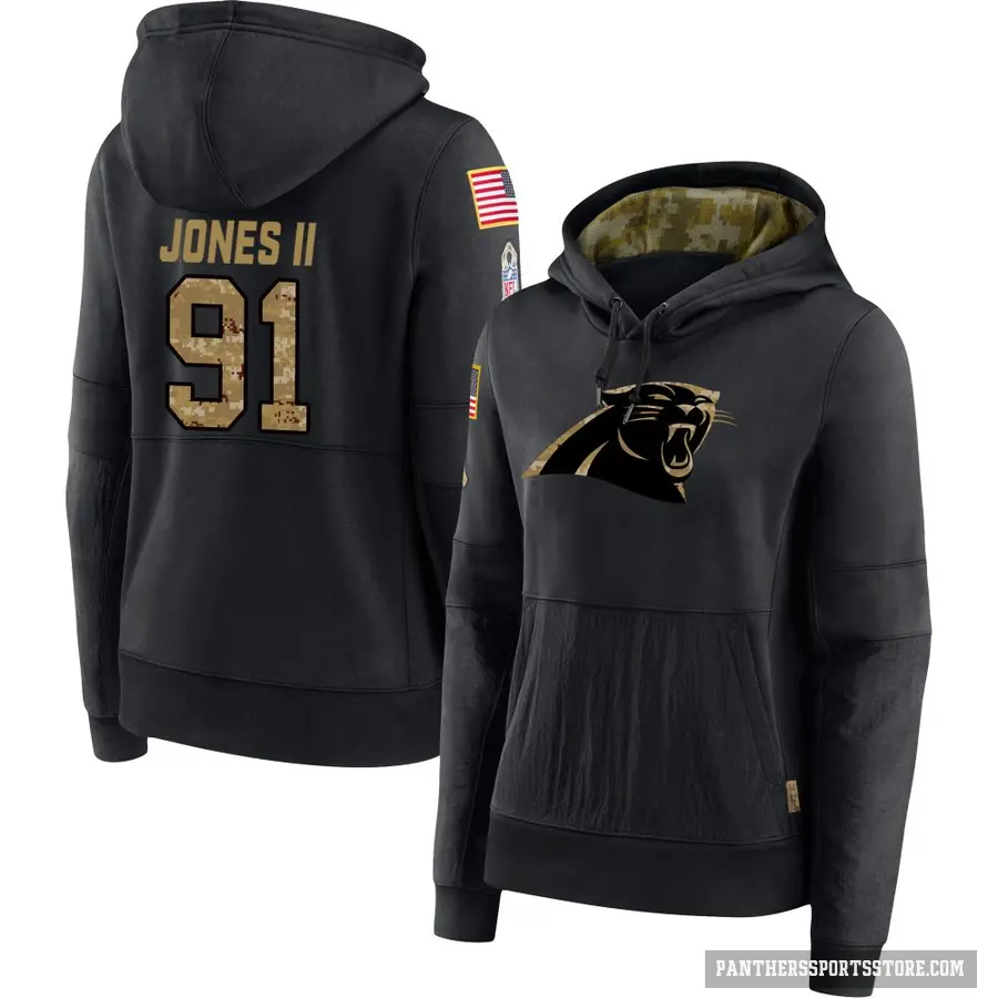 Women's ＃91 Pat Jones II Carolina Panthers Black 2020 Salute to Service Sideline Performance Pullover Hoodie