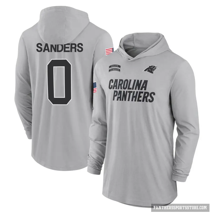 Youth ＃0 Ja'Tavion Sanders Carolina Panthers Gray 2024 Salute to Service Lightweight Performance Long Sleeve Hooded T-Shirt