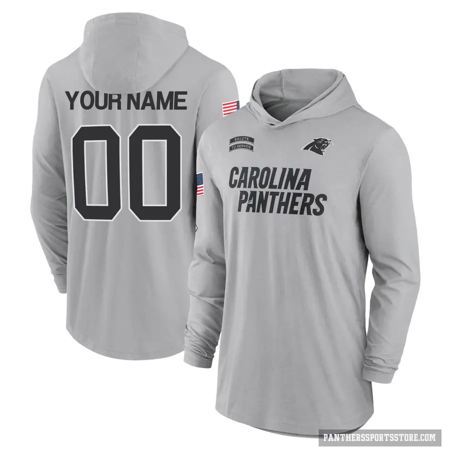 Youth ＃00 Custom Carolina Panthers Gray 2024 Salute to Service Lightweight Performance Long Sleeve Hooded T-Shirt