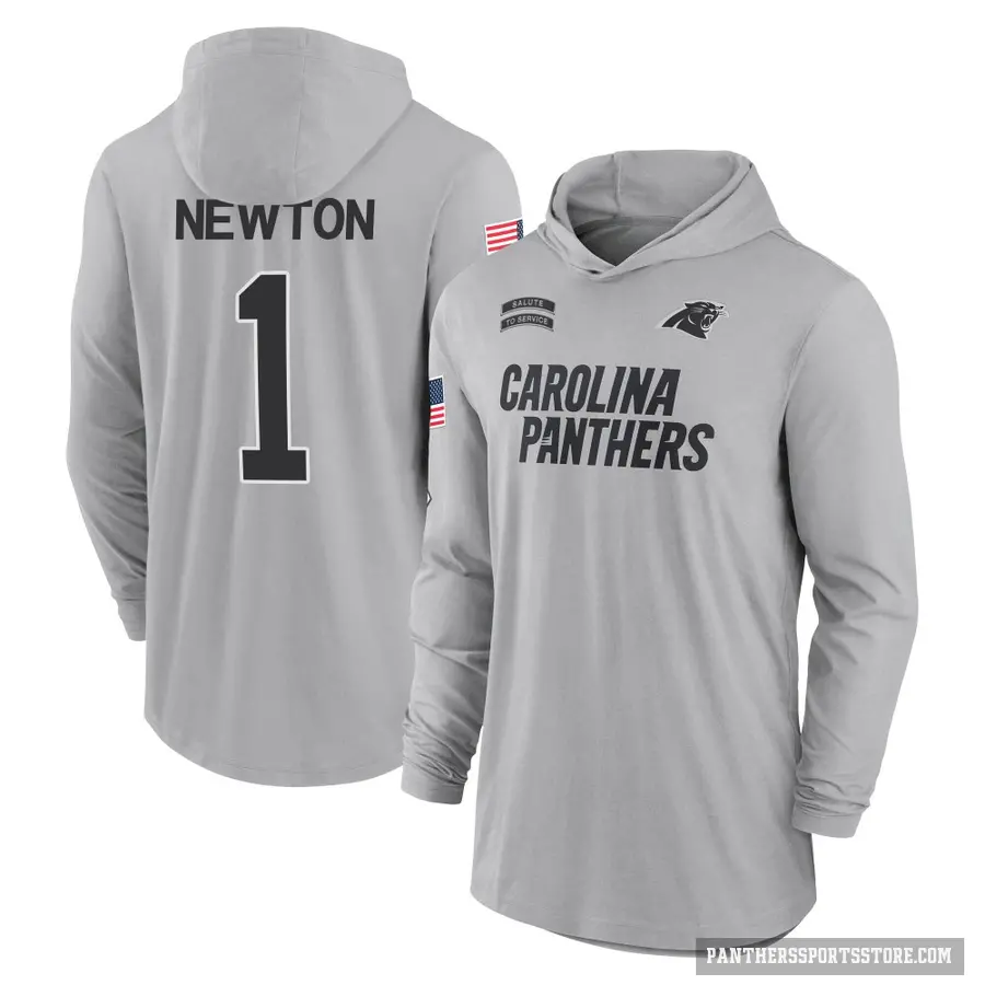 Youth ＃1 Cam Newton Carolina Panthers Gray 2024 Salute to Service Lightweight Performance Long Sleeve Hooded T-Shirt
