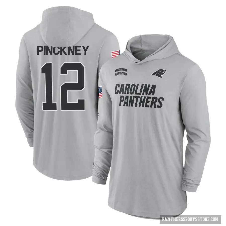 Youth ＃12 Sam Pinckney Carolina Panthers Gray 2024 Salute to Service Lightweight Performance Long Sleeve Hooded T-Shirt