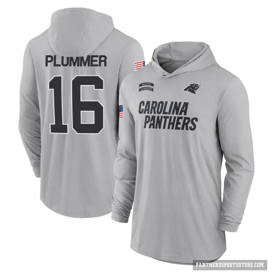 Youth ＃16 Jack Plummer Carolina Panthers Gray 2024 Salute to Service Lightweight Performance Long Sleeve Hooded T-Shirt