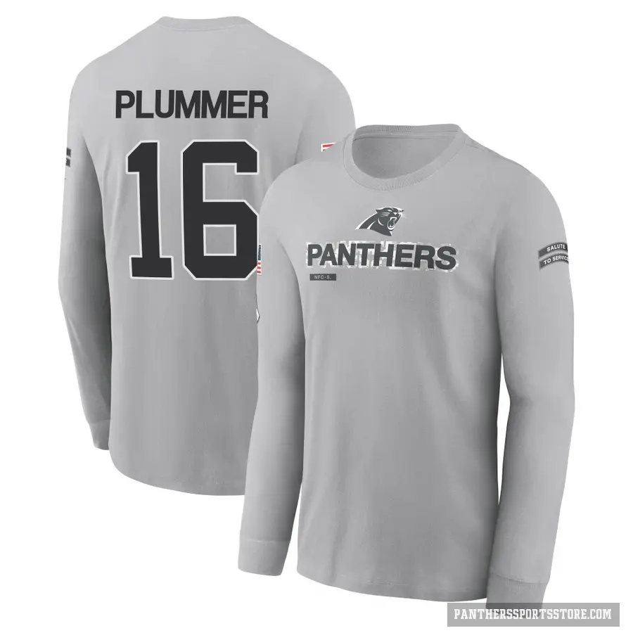 Youth ＃16 Jack Plummer Carolina Panthers Gray 2024 Salute to Service Long Sleeve T-Shirt