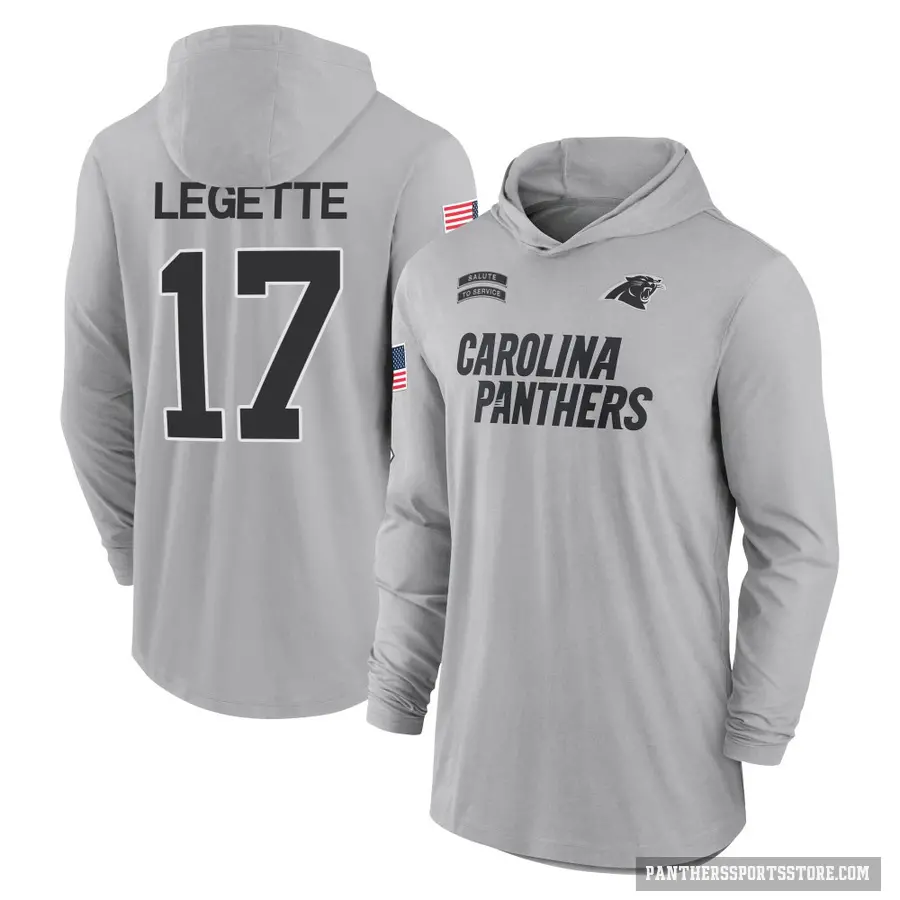 Youth ＃17 Xavier Legette Carolina Panthers Gray 2024 Salute to Service Lightweight Performance Long Sleeve Hooded T-Shirt