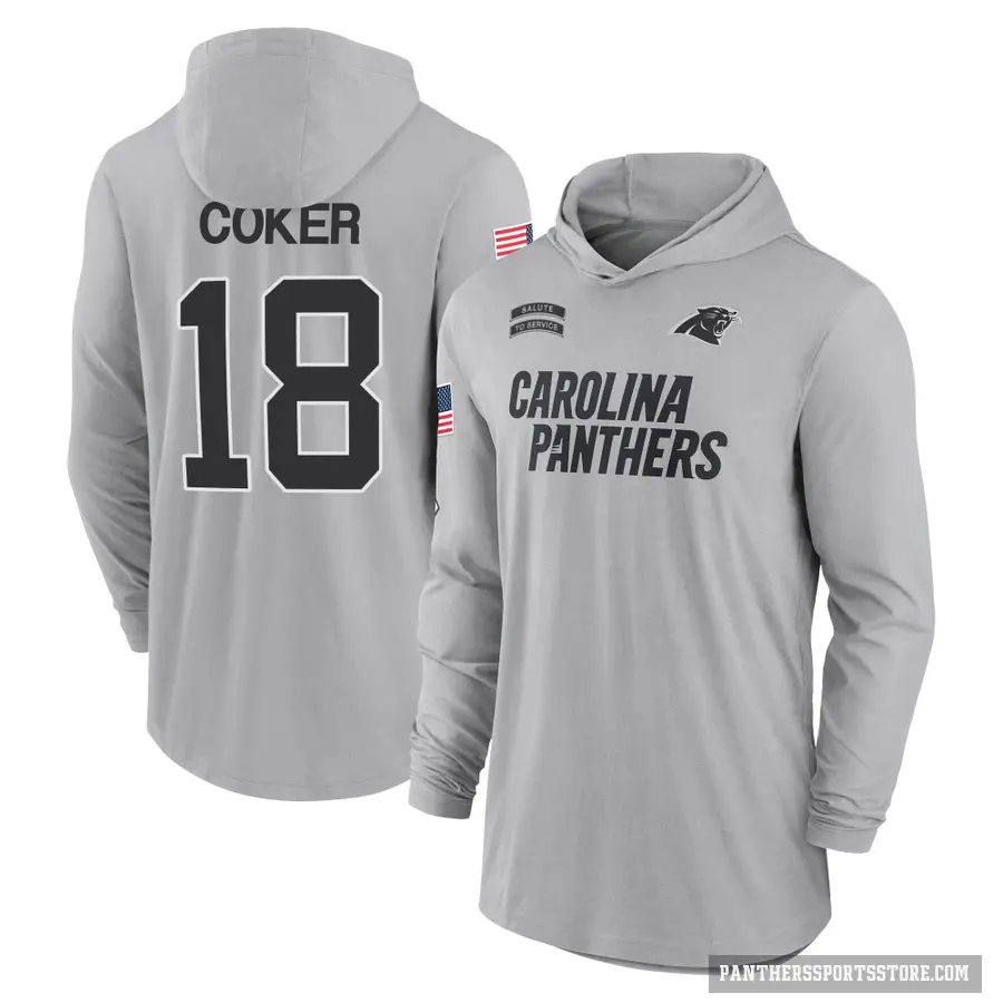 Youth ＃18 Jalen Coker Carolina Panthers Gray 2024 Salute to Service Lightweight Performance Long Sleeve Hooded T-Shirt