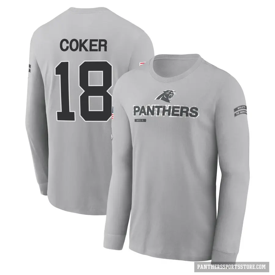 Youth ＃18 Jalen Coker Carolina Panthers Gray 2024 Salute to Service Long Sleeve T-Shirt