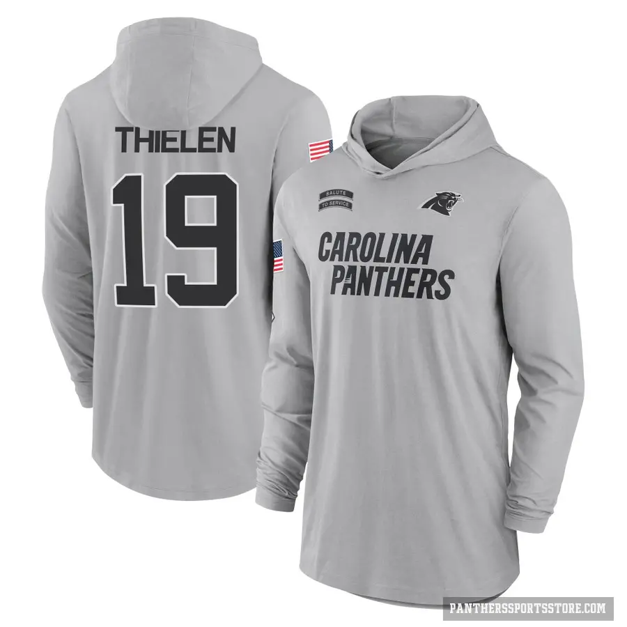 Youth ＃19 Adam Thielen Carolina Panthers Gray 2024 Salute to Service Lightweight Performance Long Sleeve Hooded T-Shirt