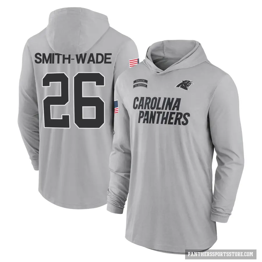 Youth ＃26 Chau Smith-Wade Carolina Panthers Gray 2024 Salute to Service Lightweight Performance Long Sleeve Hooded T-Shirt