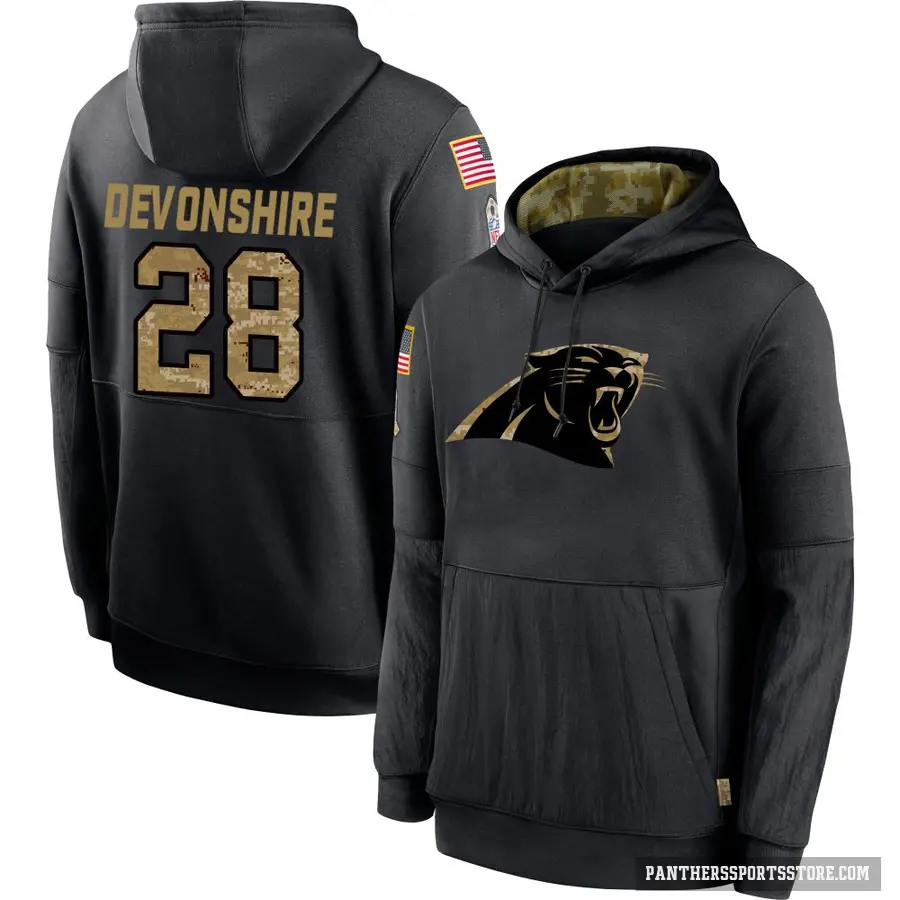 Youth ＃28 M.J. Devonshire Carolina Panthers Black 2020 Salute to Service Sideline Performance Pullover Hoodie