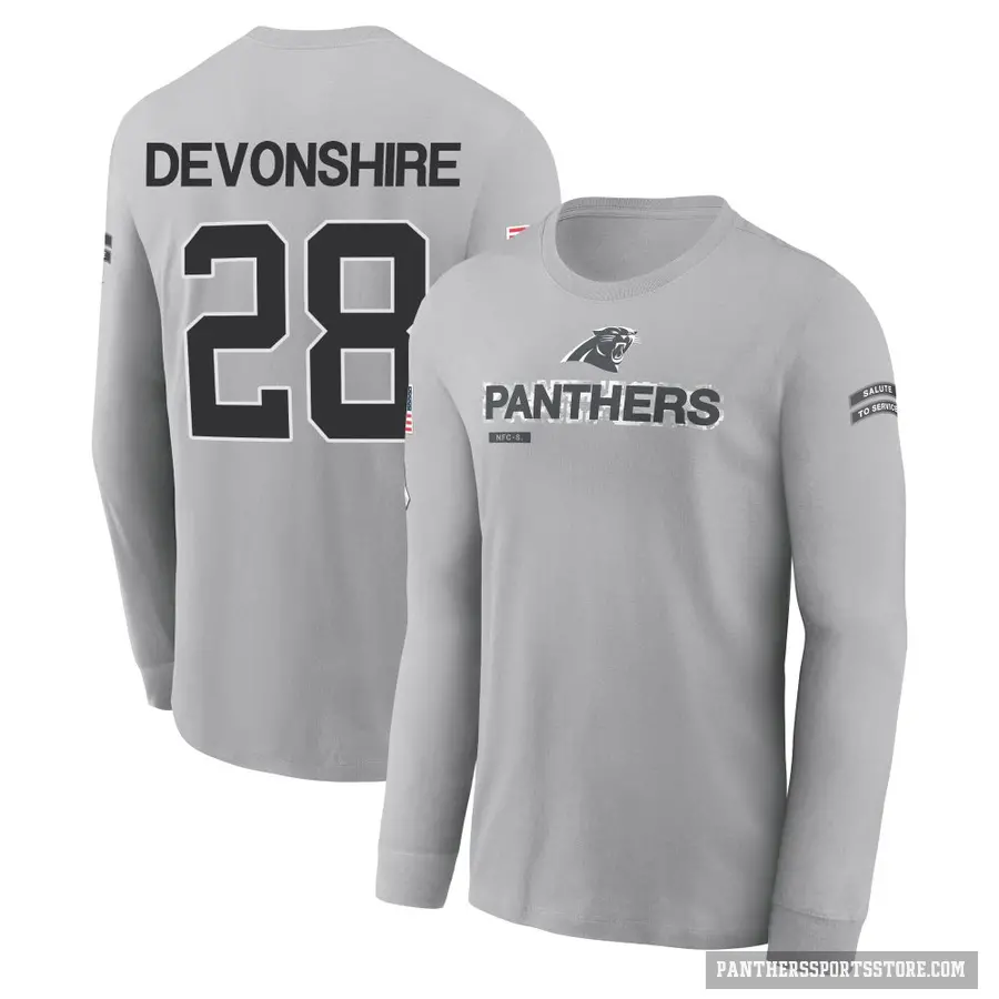 Youth ＃28 M.J. Devonshire Carolina Panthers Gray 2024 Salute to Service Long Sleeve T-Shirt