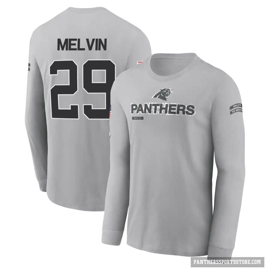 Youth ＃29 Rashaan Melvin Carolina Panthers Gray 2024 Salute to Service Long Sleeve T-Shirt