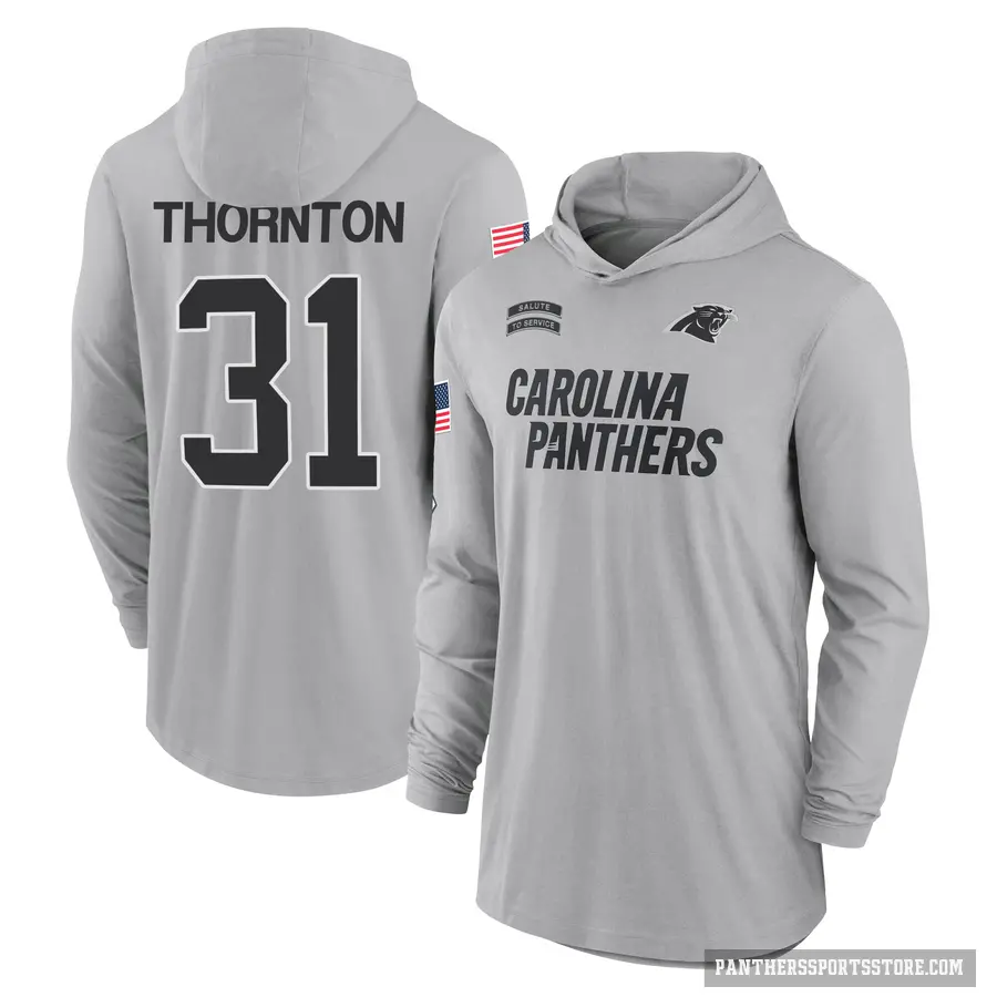 Youth ＃31 Corey Thornton Carolina Panthers Gray 2024 Salute to Service Lightweight Performance Long Sleeve Hooded T-Shirt