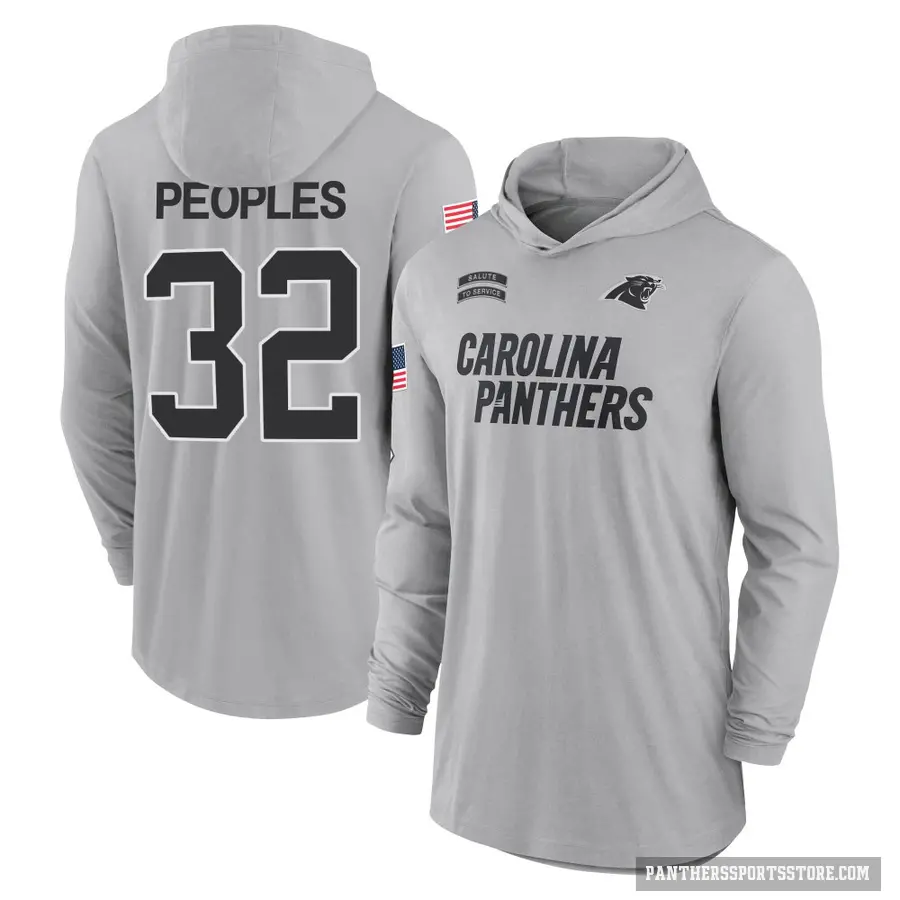 Youth ＃32 Camerun Peoples Carolina Panthers Gray 2024 Salute to Service Lightweight Performance Long Sleeve Hooded T-Shirt
