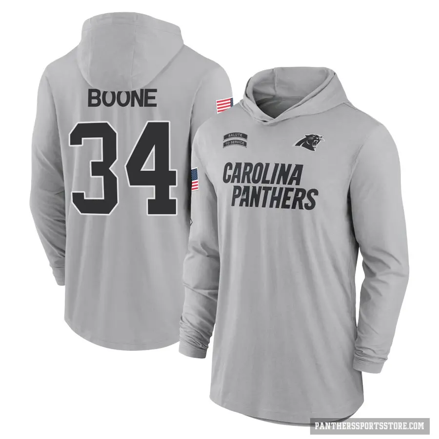 Youth ＃34 Mike Boone Carolina Panthers Gray 2024 Salute to Service Lightweight Performance Long Sleeve Hooded T-Shirt